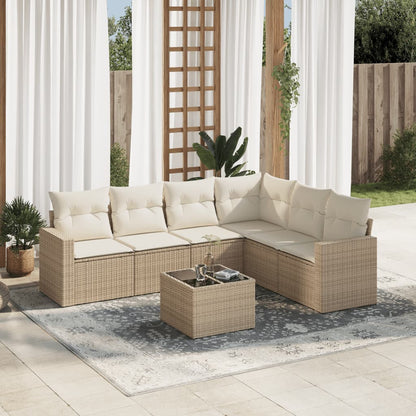 7-tlg. Garten-Sofagarnitur mit Kissen Beige Poly Rattan