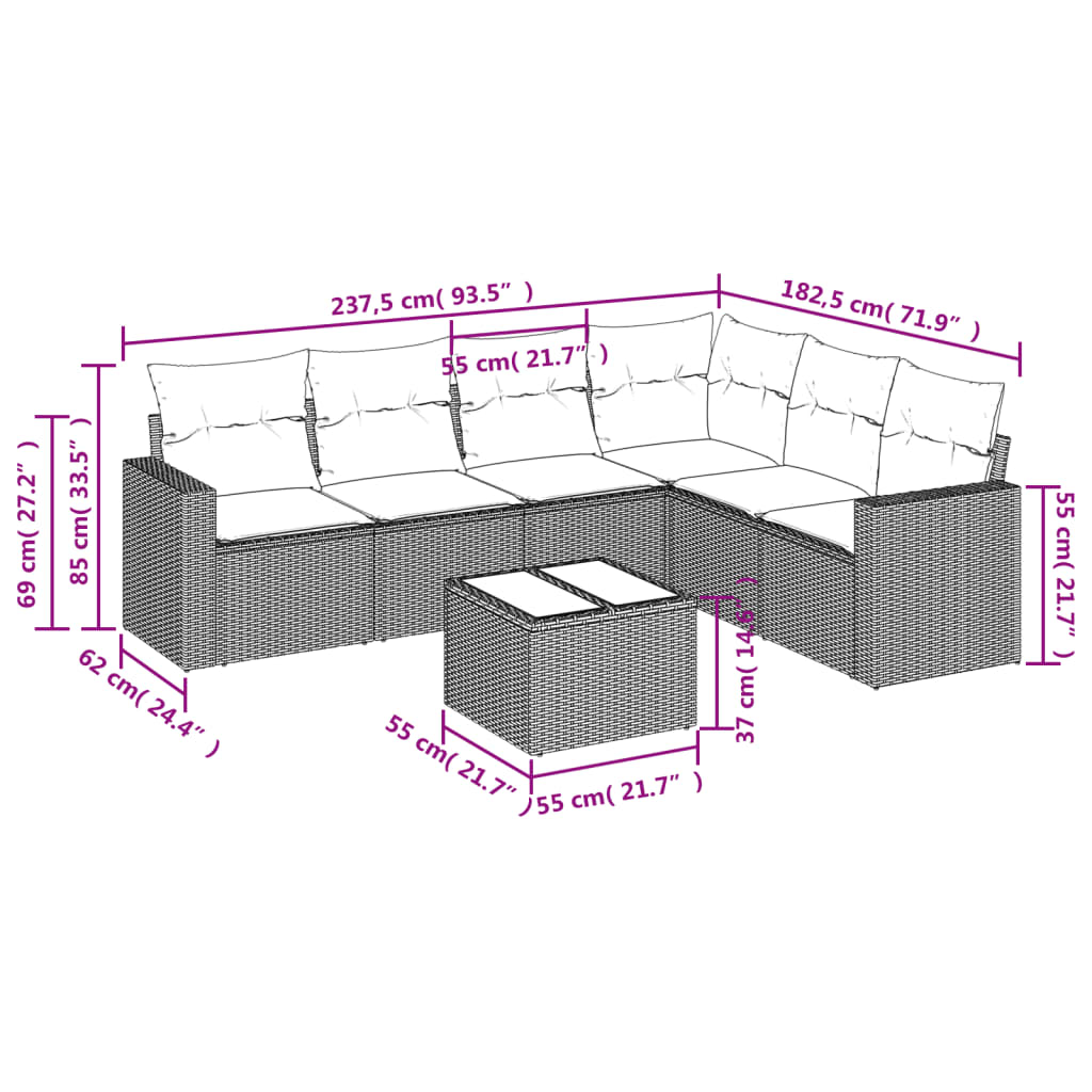 7-tlg. Garten-Sofagarnitur mit Kissen Grau Poly Rattan