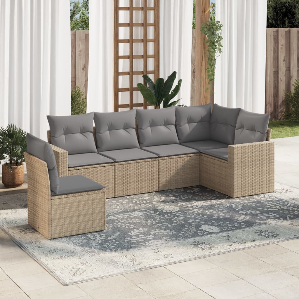 6-tlg. Garten-Sofagarnitur mit Kissen Beige Poly Rattan