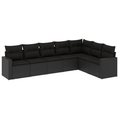 7-tlg. Garten-Sofagarnitur mit Kissen Schwarz Poly Rattan