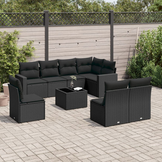 9-tlg. Garten-Sofagarnitur mit Kissen Schwarz Poly Rattan