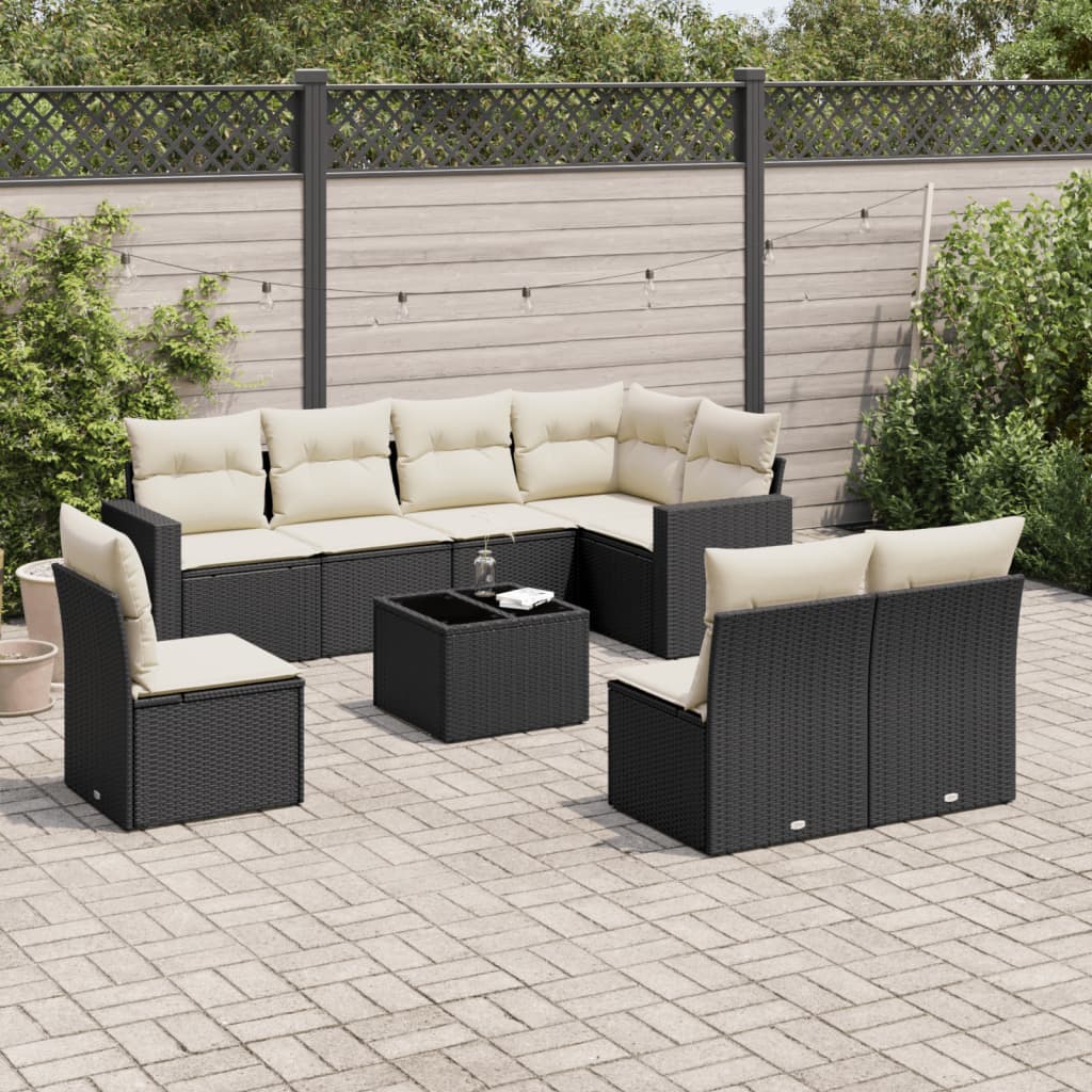 9-tlg. Garten-Sofagarnitur mit Kissen Schwarz Poly Rattan