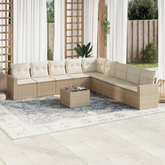 10-tlg. Garten-Sofagarnitur mit Kissen Beige Poly Rattan