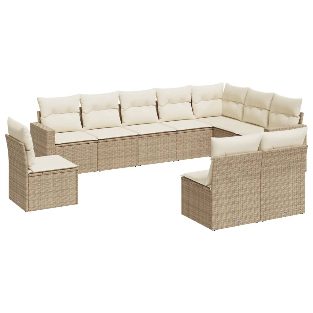 10-tlg. Garten-Sofagarnitur mit Kissen Beige Poly Rattan