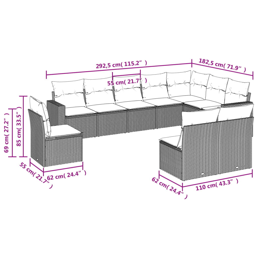 10-tlg. Garten-Sofagarnitur mit Kissen Hellgrau Poly Rattan