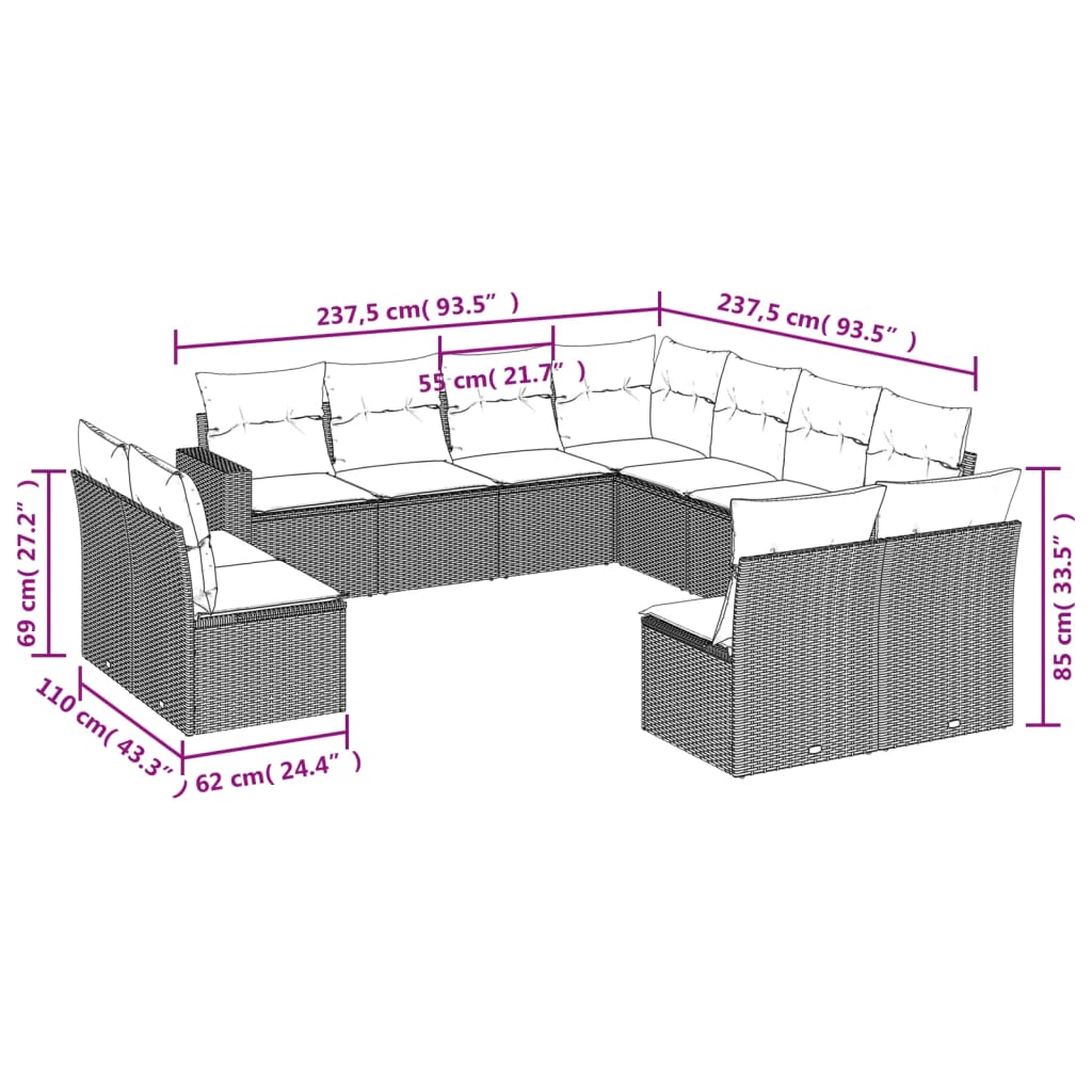 11-tlg. Garten-Sofagarnitur mit Kissen Schwarz Poly Rattan