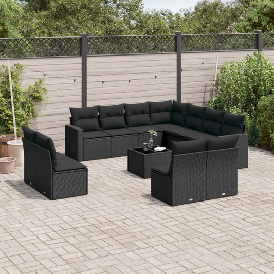 12-tlg. Garten-Sofagarnitur mit Kissen Schwarz Poly Rattan