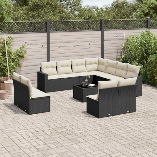 12-tlg. Garten-Sofagarnitur mit Kissen Schwarz Poly Rattan