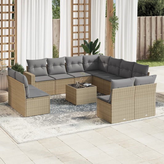 12-tlg. Garten-Sofagarnitur mit Kissen Beige Poly Rattan