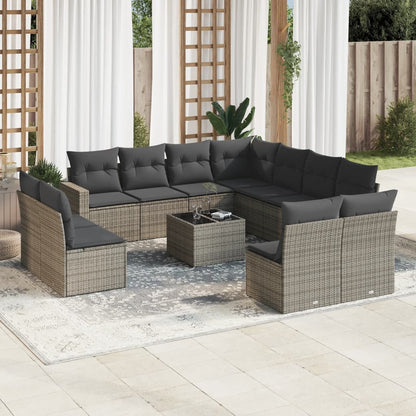 12-tlg. Garten-Sofagarnitur mit Kissen Grau Poly Rattan