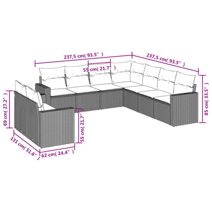 9-tlg. Garten-Sofagarnitur mit Kissen Grau Poly Rattan