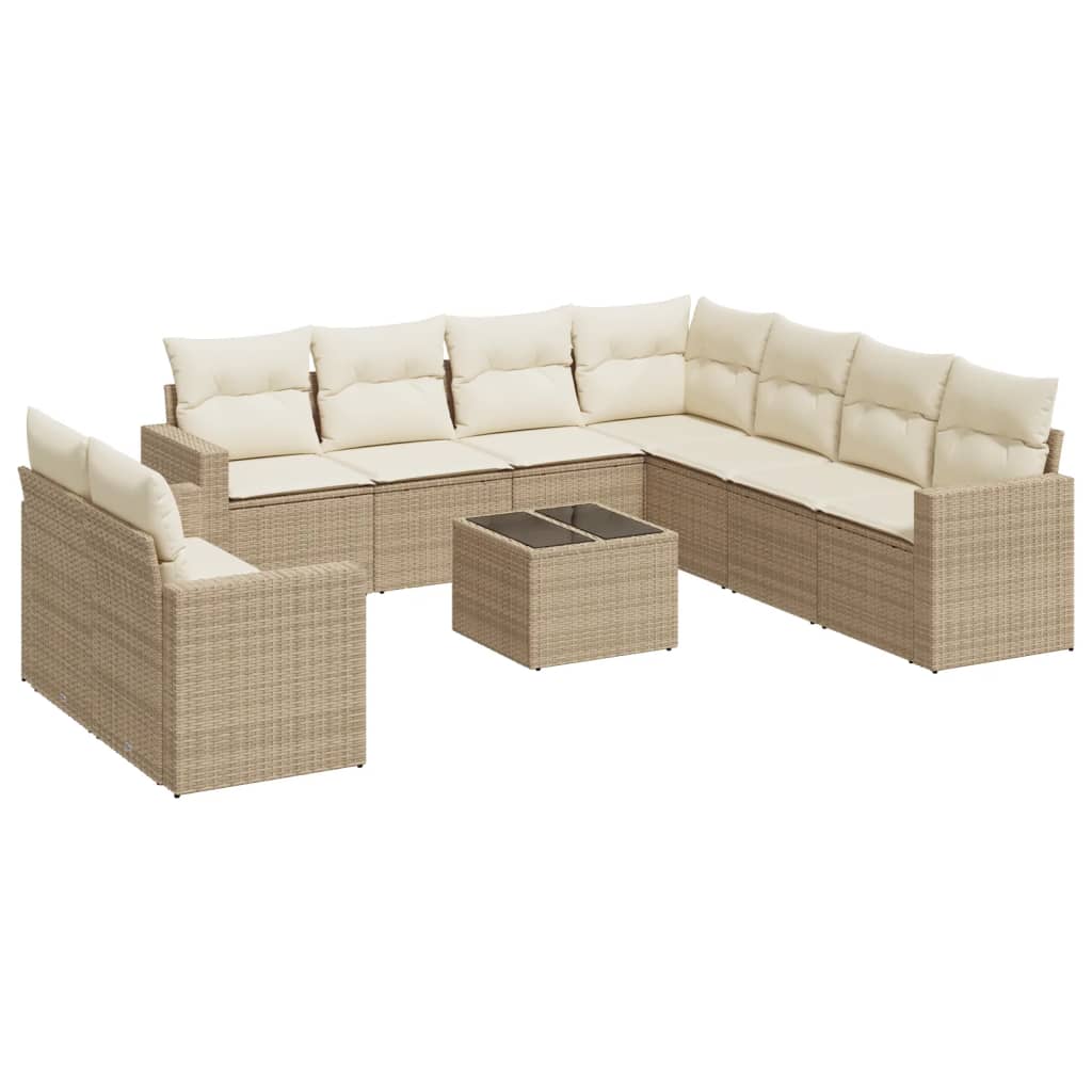 10-tlg. Garten-Sofagarnitur mit Kissen Beige Poly Rattan