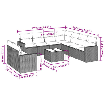 10-tlg. Garten-Sofagarnitur mit Kissen Grau Poly Rattan