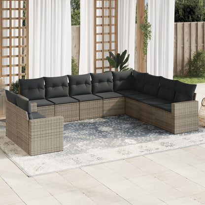 10-tlg. Garten-Sofagarnitur mit Kissen Grau Poly Rattan