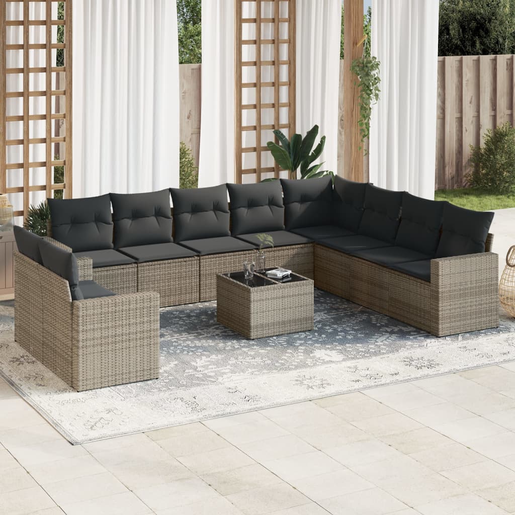 11-tlg. Garten-Sofagarnitur mit Kissen Grau Poly Rattan