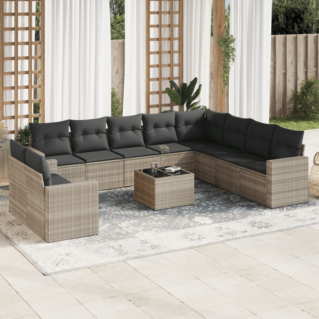 11-tlg. Garten-Sofagarnitur mit Kissen Hellgrau Poly Rattan