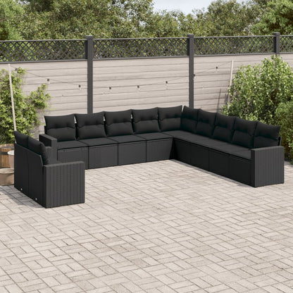 11-tlg. Garten-Sofagarnitur mit Kissen Schwarz Poly Rattan