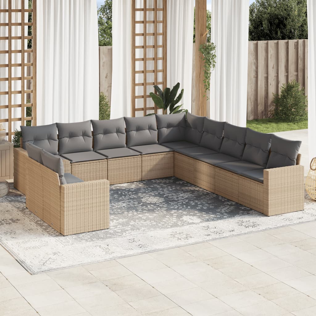 11-tlg. Garten-Sofagarnitur mit Kissen Beige Poly Rattan