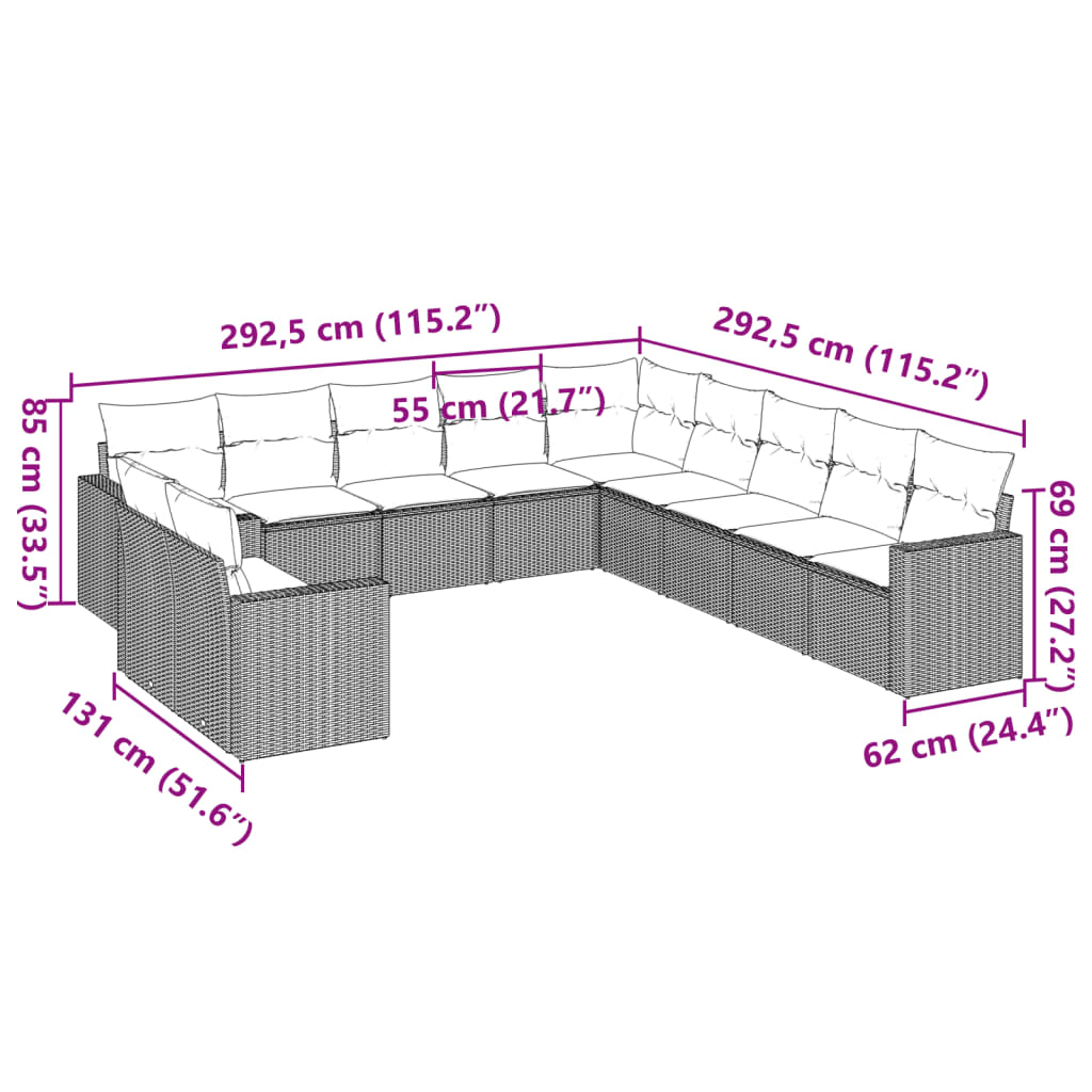 11-tlg. Garten-Sofagarnitur mit Kissen Braun Poly Rattan