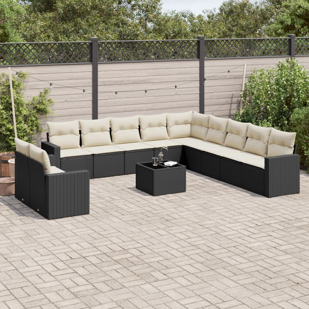 12-tlg. Garten-Sofagarnitur mit Kissen Schwarz Poly Rattan