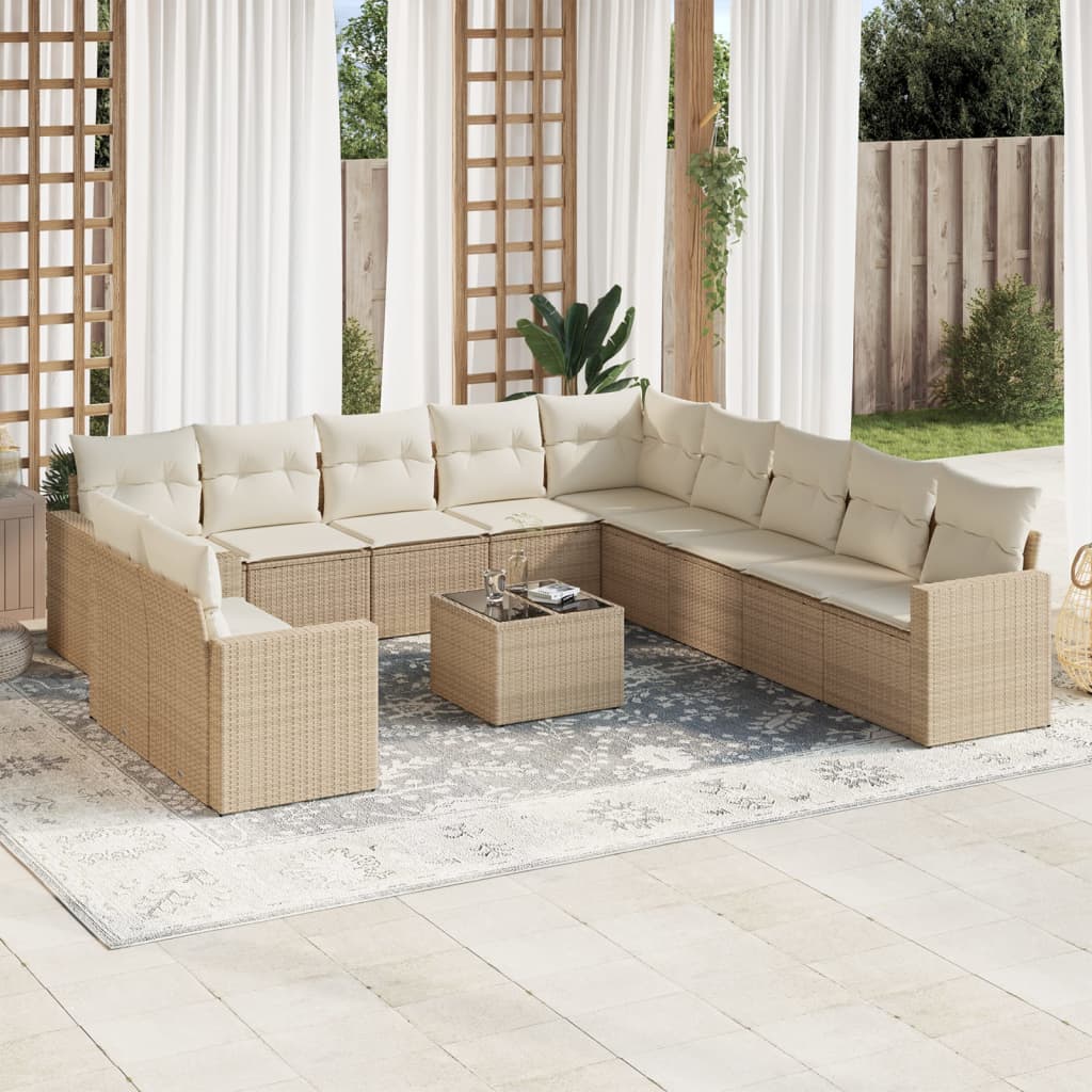 12-tlg. Garten-Sofagarnitur mit Kissen Beige Poly Rattan