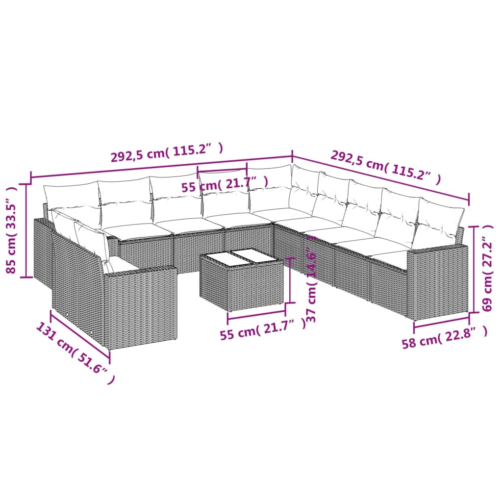 12-tlg. Garten-Sofagarnitur mit Kissen Beige Poly Rattan