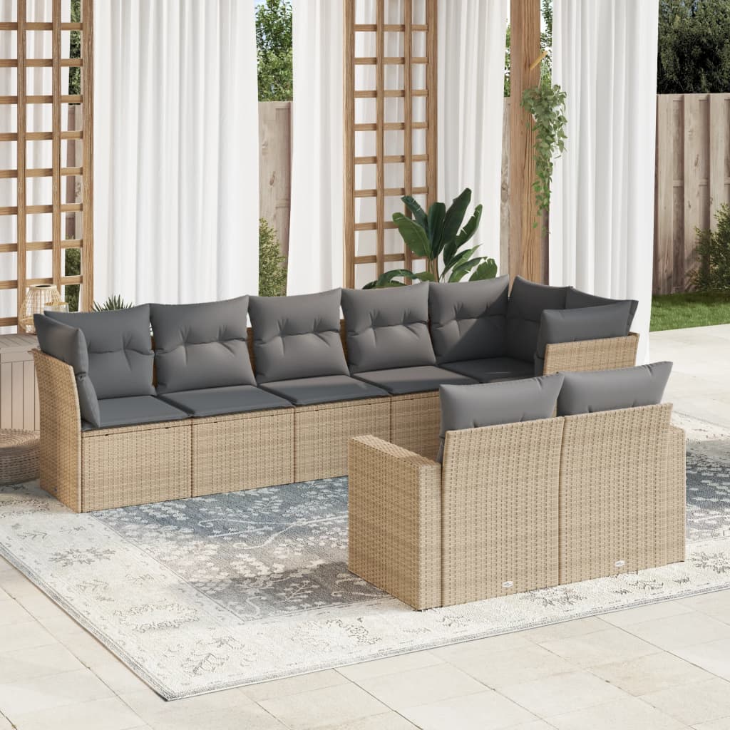 8-tlg. Garten-Sofagarnitur mit Kissen Beige Poly Rattan