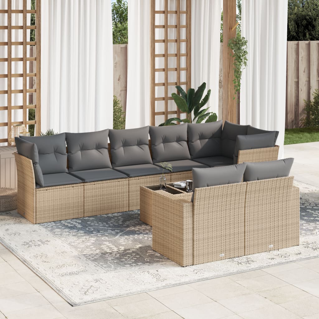 9-tlg. Garten-Sofagarnitur mit Kissen Beige Poly Rattan