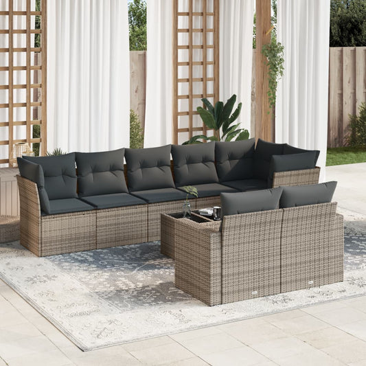 9-tlg. Garten-Sofagarnitur mit Kissen Grau Poly Rattan