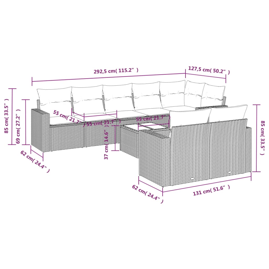 9-tlg. Garten-Sofagarnitur mit Kissen Hellgrau Poly Rattan