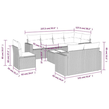 9-tlg. Garten-Sofagarnitur mit Kissen Schwarz Poly Rattan