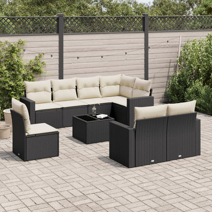 9-tlg. Garten-Sofagarnitur mit Kissen Schwarz Poly Rattan