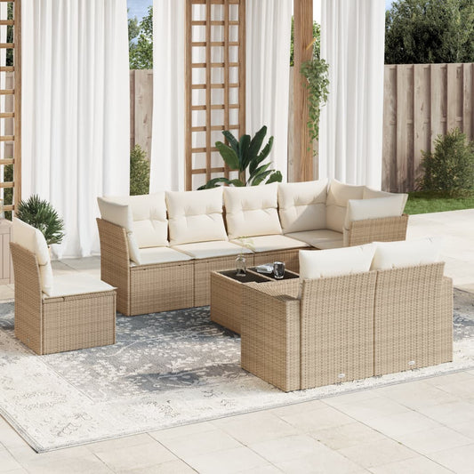 9-tlg. Garten-Sofagarnitur mit Kissen Beige Poly Rattan