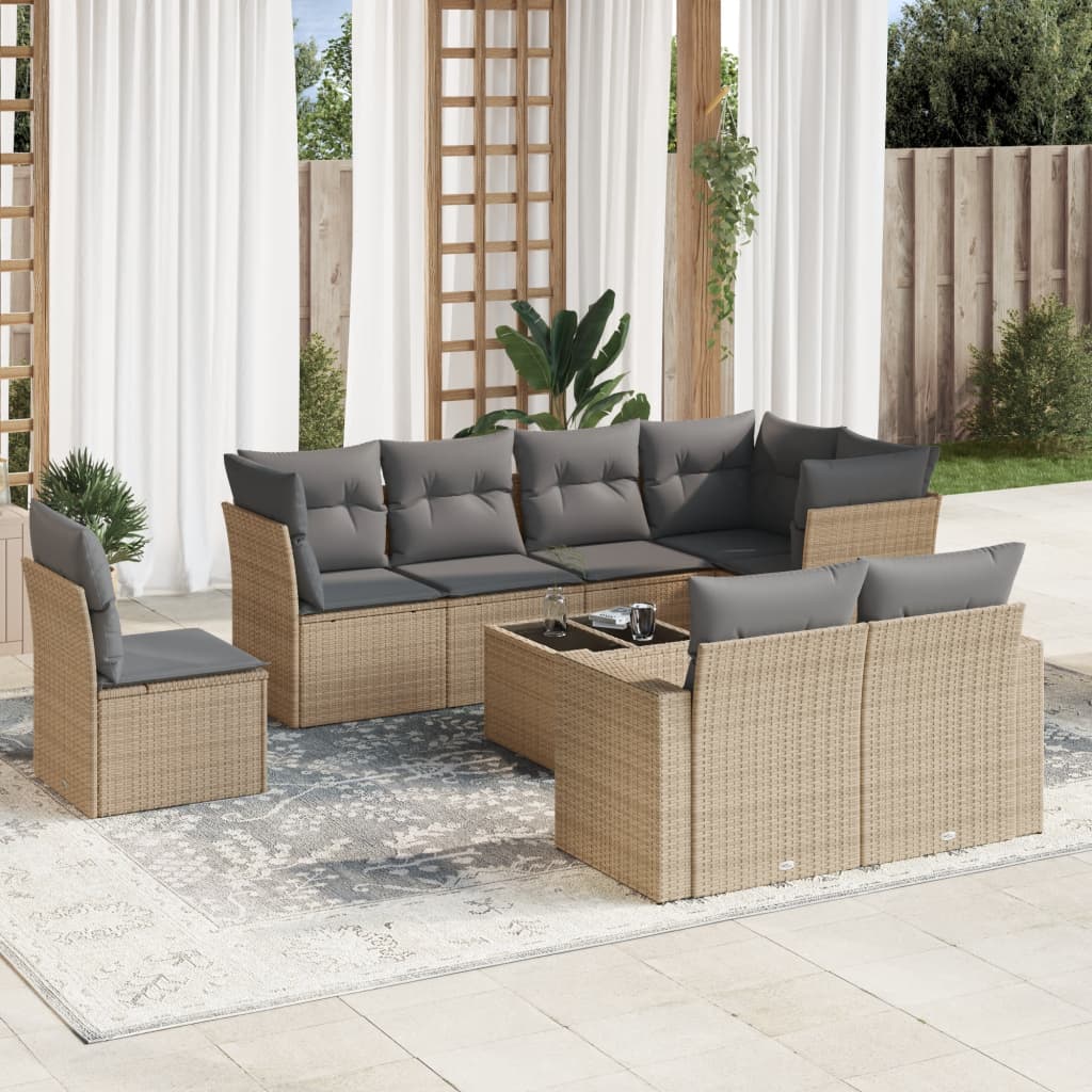 9-tlg. Garten-Sofagarnitur mit Kissen Beige Poly Rattan