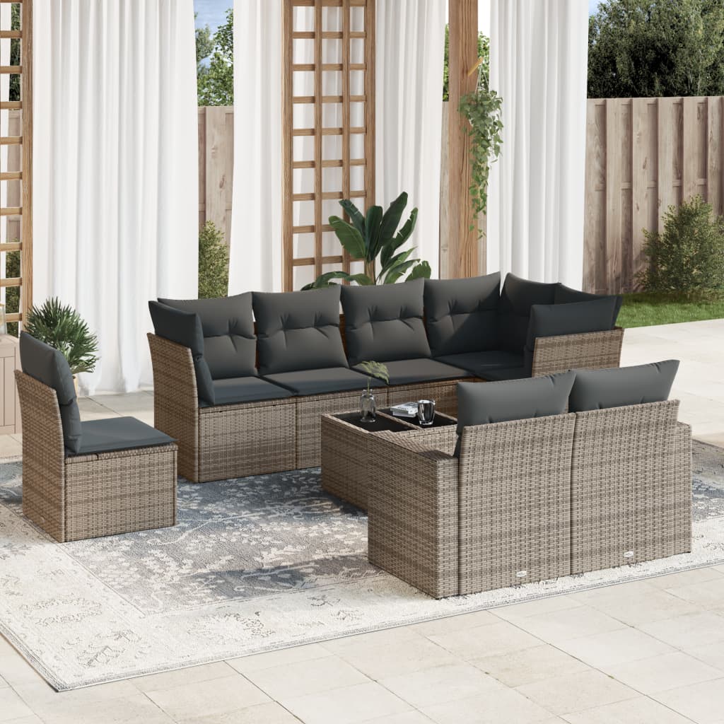 9-tlg. Garten-Sofagarnitur mit Kissen Grau Poly Rattan