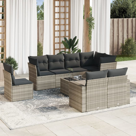 9-tlg. Garten-Sofagarnitur mit Kissen Hellgrau Poly Rattan