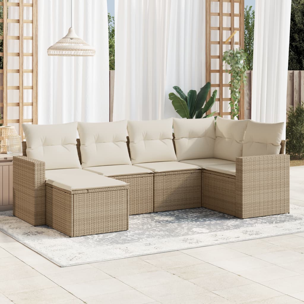 6-tlg. Garten-Sofagarnitur mit Kissen Beige Poly Rattan