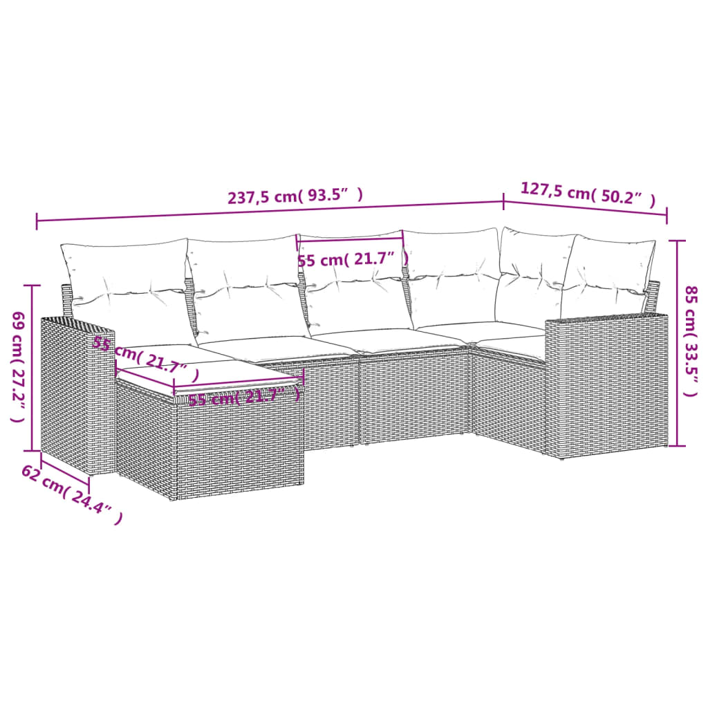 6-tlg. Garten-Sofagarnitur mit Kissen Hellgrau Poly Rattan