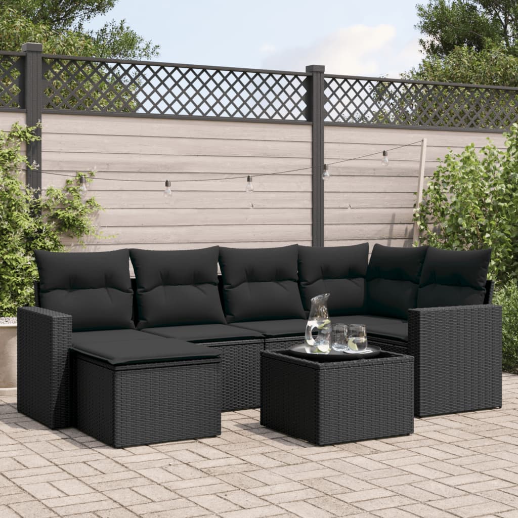 7-tlg. Garten-Sofagarnitur mit Kissen Schwarz Poly Rattan