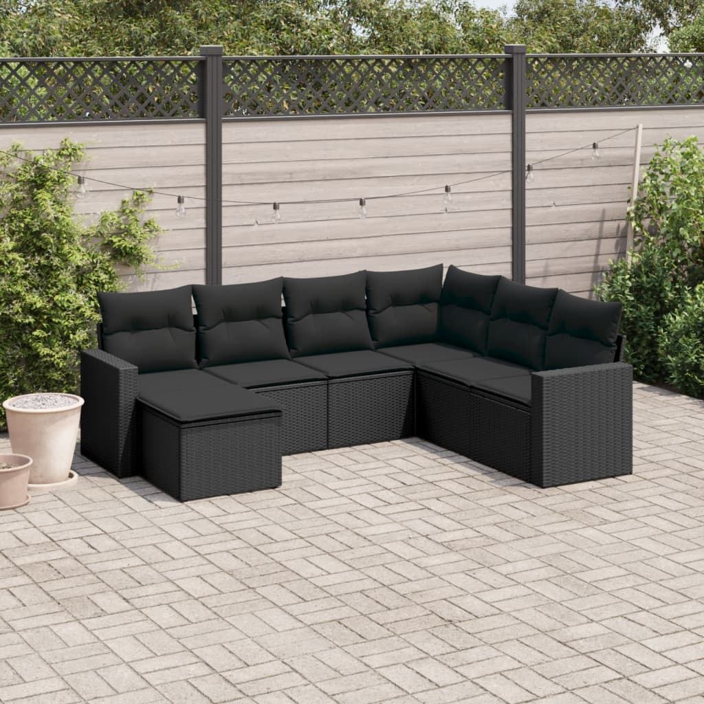 7-tlg. Garten-Sofagarnitur mit Kissen Schwarz Poly Rattan