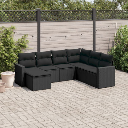 7-tlg. Garten-Sofagarnitur mit Kissen Schwarz Poly Rattan