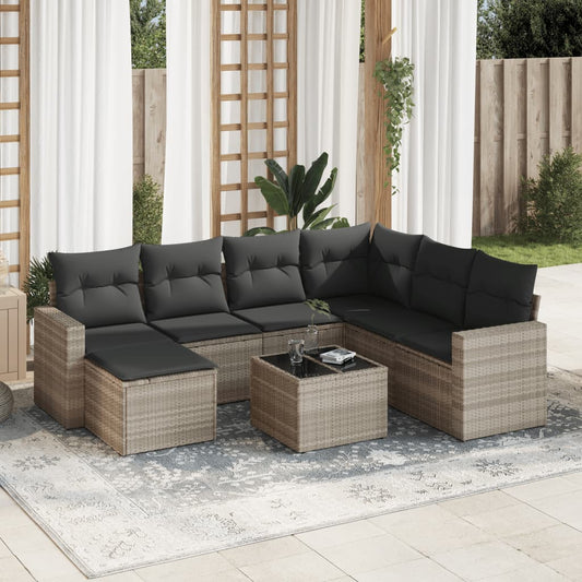 8-tlg. Garten-Sofagarnitur mit Kissen Hellgrau Poly Rattan