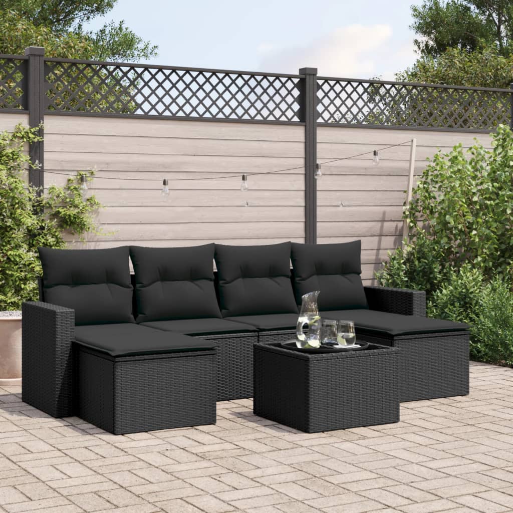 7-tlg. Garten-Sofagarnitur mit Kissen Schwarz Poly Rattan