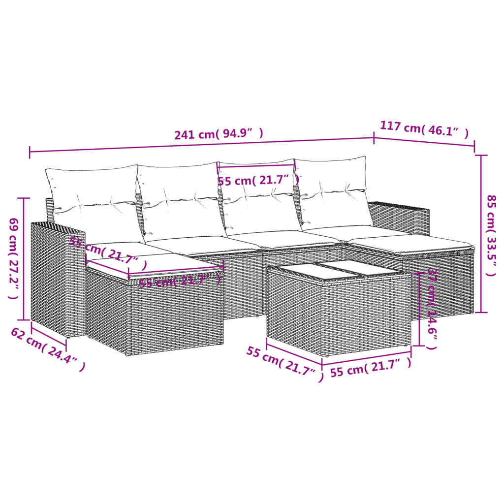 7-tlg. Garten-Sofagarnitur mit Kissen Schwarz Poly Rattan