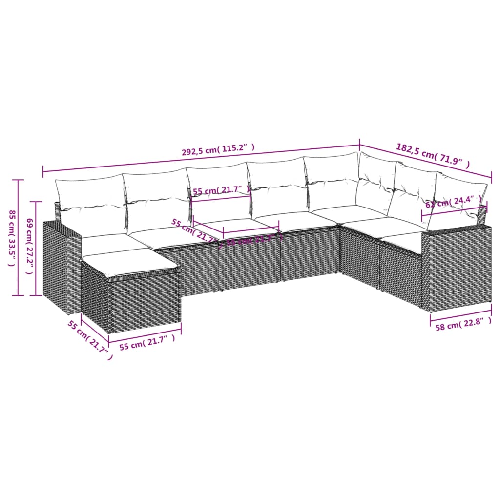 8-tlg. Garten-Sofagarnitur mit Kissen Schwarz Poly Rattan