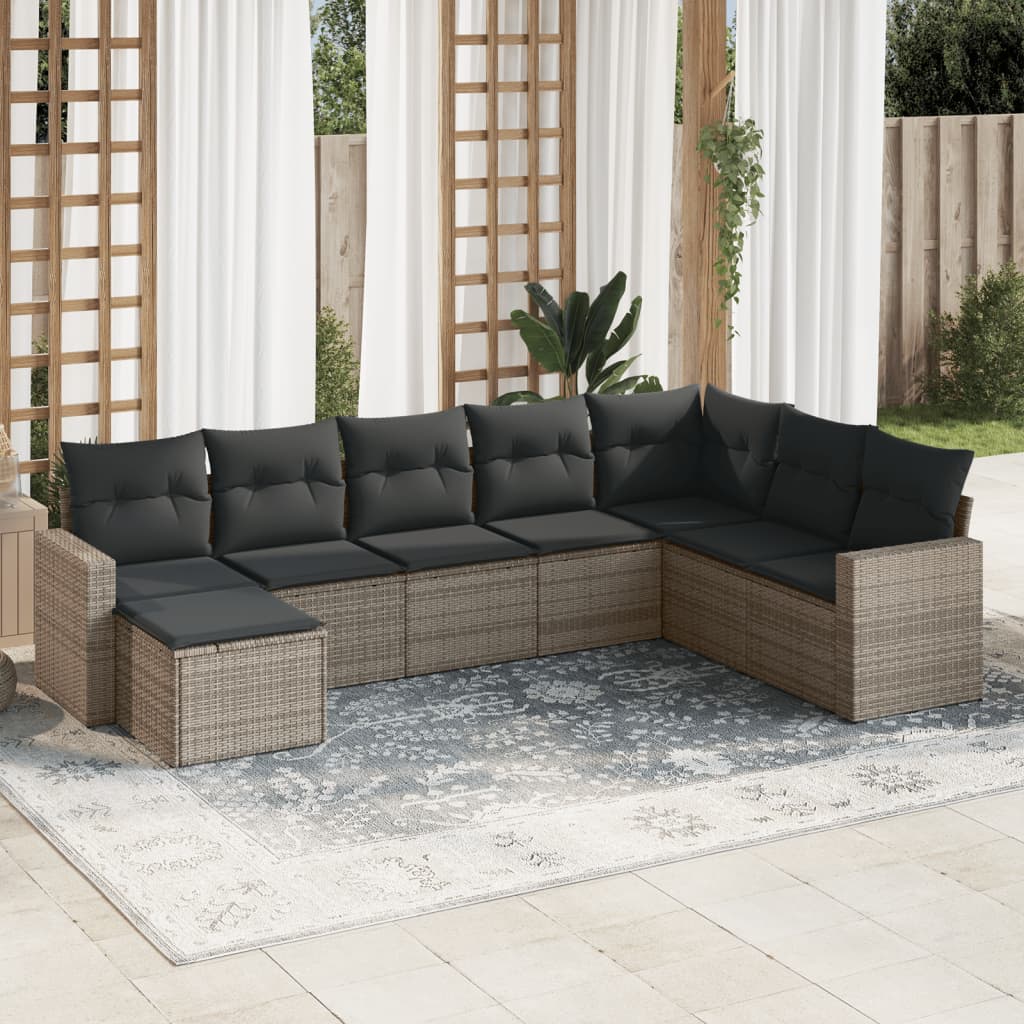 8-tlg. Garten-Sofagarnitur mit Kissen Grau Poly Rattan