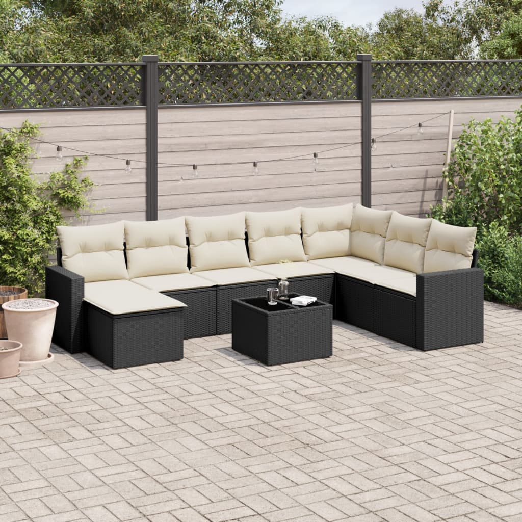 9-tlg. Garten-Sofagarnitur mit Kissen Schwarz Poly Rattan