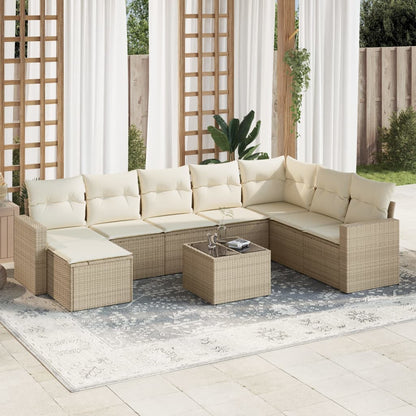 9-tlg. Garten-Sofagarnitur mit Kissen Beige Poly Rattan