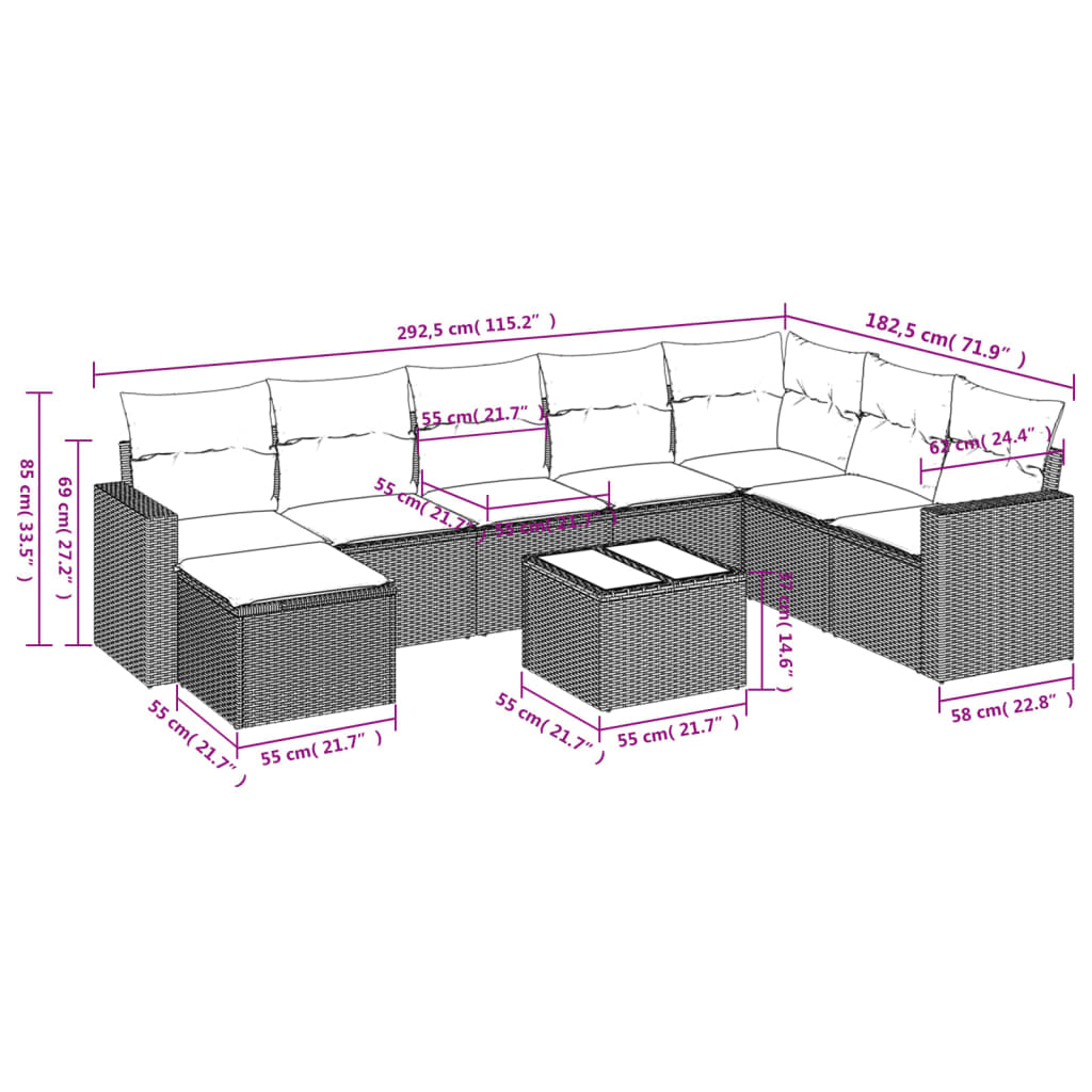 9-tlg. Garten-Sofagarnitur mit Kissen Grau Poly Rattan