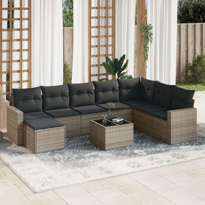 9-tlg. Garten-Sofagarnitur mit Kissen Grau Poly Rattan